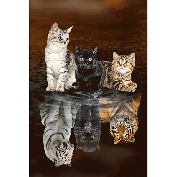 Puslespil 1000/500/300 stykker til voksne - Tre katte Refleksion - Træpuslespil - Unikt velegnet til teenagere og voksne (75x50 cm) 1000