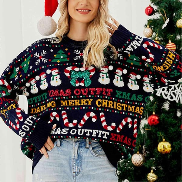 Julesweater til kvinder strikket rund hals langærmet printet farveblok løs pullover sweater lilla-blå L
