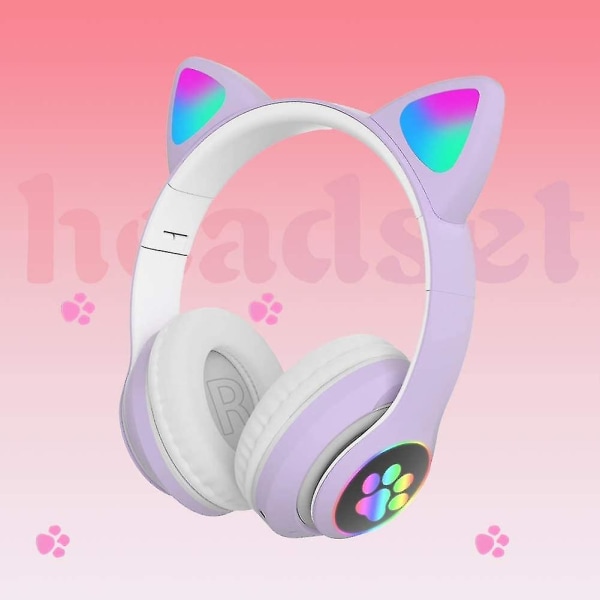 Gaming Headset Mote Bluetooth Cat Ear Led Light Up Trådløst headset Purple