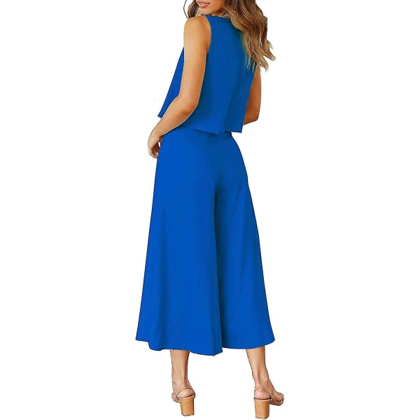 Roylamp Sommer-outfits til kvinder i 2 dele Rundhalset Crop Basic Top Beskåret Bukser med brede ben, Jumpsuits Royal Blue Small