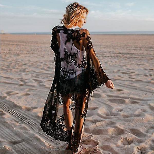 Kvinders blondecardigan Blomsterhæklet Sheer Beach Cover Ups Lang Kimono black