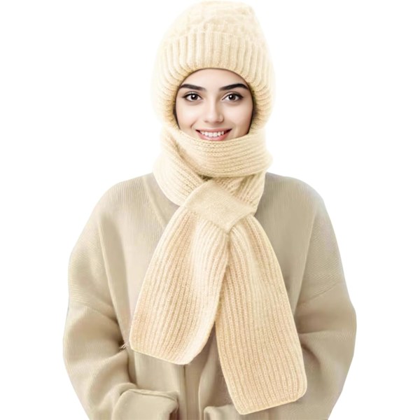 Beaniehatt med Integrerat Öron- och Vindskydd, Elastisk Stickad Tjock Varm Sammansatt Vinter Beige