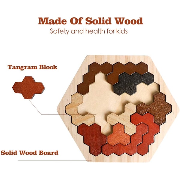 Trähexagonpussel för barn och vuxna, färgglada formpusselblock Tangram Brain Teaser Toy Geometry Logic IQ-spel Present för barn i alla åldrar