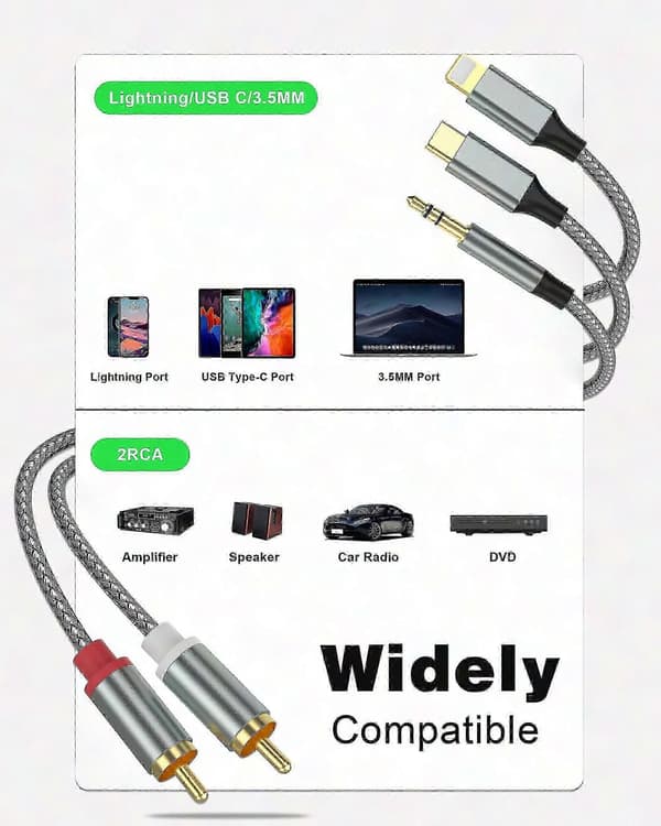 3-i-1 lydkabel for bil og hjem, USB-C til RCA-adapter, Lightning til RCA-tilkoblingsløsning