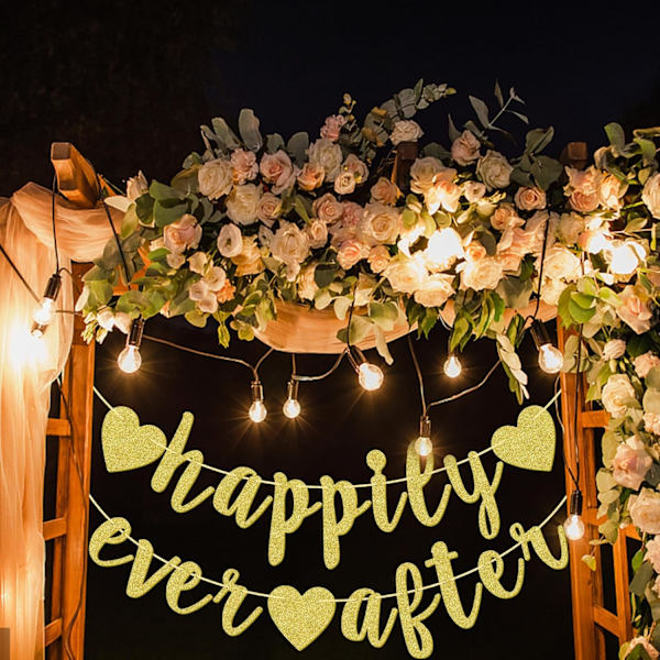 Happily Ever After -hopeaglitteri-lippukoriste, Kihlat, Morsiussuihku, Hääjuhlat, Valokuvauskoppi, Ennakkoon punottu käsin kirjoitettu lippukoriste