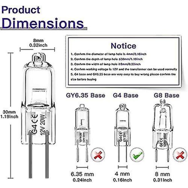 12 Pack G4 20w 12v 2800k 2-pin halogenpære til emhætte, køkken, stue, soveværelse