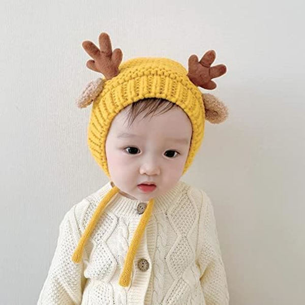 Søt Hjorte-Elg Hodeplagg Babyhatt Vinter Varmt Plysj Strikket Ørevarmer Bonnet Gutter Jenter Caps Beanie med Hakestropp Yellow One Size