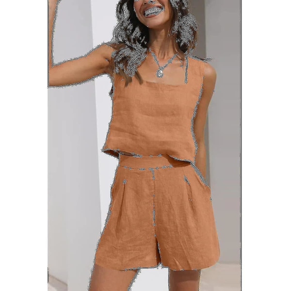Naisten 2-osaiset asut yhteensopivat setit, pellavashortsit Crop Topit set Brown 2XL
