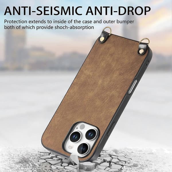 Retro skinndeksel til iPhone 16 Pro med justerbar stropp Brown