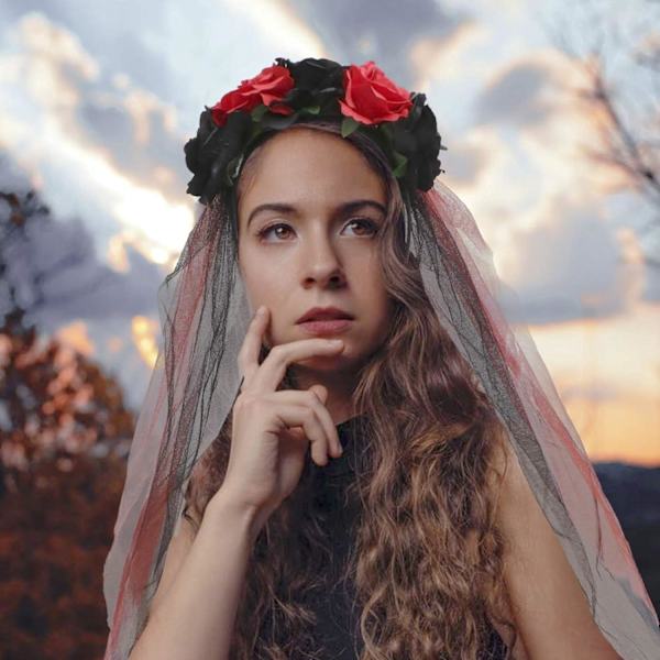 Halloween Gotisk Blomstergirland med Svart Slöja Hårband Cosplay Bröllop Huvudbonad Kostym Huvudbonad Tillbehör Red/Long Veil