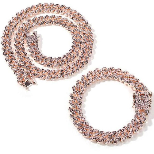 Mænds guldhalskæde ur og armbåndskæde - Miami Curb-stil med imiteret diamantindlejret Cz-smykker Color Silver Chains 50cm