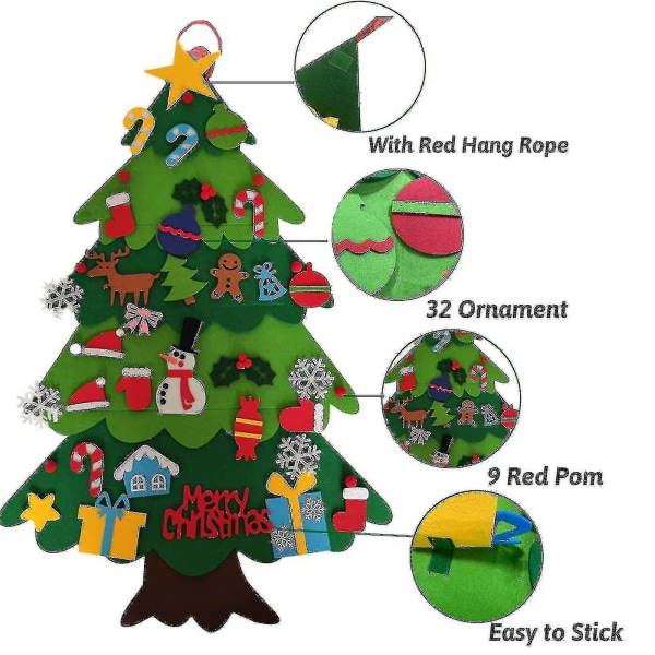 Gør-det-selv filt juletræ til børn gave, med aftagelige 32 stk ornamenter til jul nytårs dekoration with light