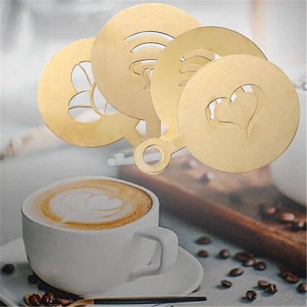 4 stk. Cappuccino Kaffe Dekorasjon Rustfritt Stål Stenciler Kaffe Kunst Mal Kaffe Form Verktøy for Kake Kaffe Havregryn Varm Sjokolade Gold