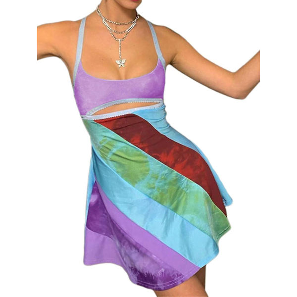 Vintage Cami Kjole Til Kvinder Retro Bodycon Mini Kjoler Mode Farverige Stribet Print Tilpasset Stropløs Kjole Fi Purple S