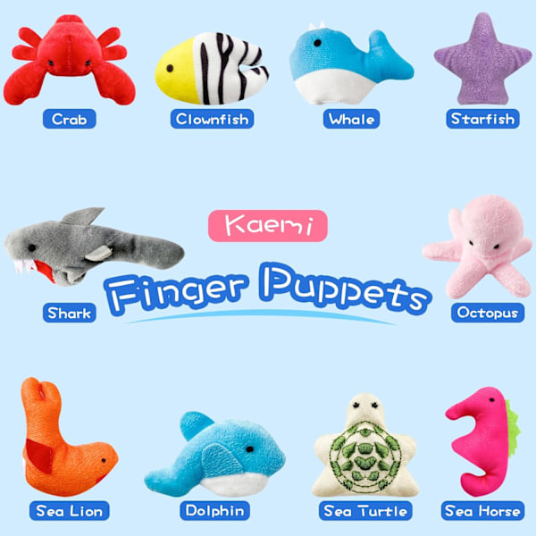 10 kpl sormiukkeja taaperoille, pehmeät plyysimerieläinten sormiukkelelut tarinatuokkiin, leikkiaikaesityksiin, juhlalahjoihin, opetusnukkeihin 10 Pcs Marine Animals Finger Puppet