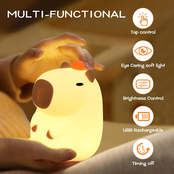 Capybara Natlampe, LED Sød Silikon Squishy Dyrelampe, Genopladelig Sengelampe med Berøringsfunktion til Amning, Småbørn, Børn, Kawaii Gaver, Rumindretning