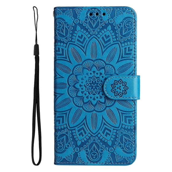 Præget solsikke læder telefoncover til iPhone 14 Plus Blue