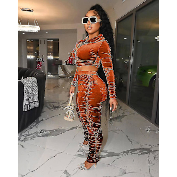 Dame Velvet Tracksuit Sæt Sexy 2-delt Outfit Lynlås Hættetrøje Brown M