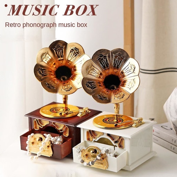 Musiikkirasia, fonografi Vintage Retro Klassinen Gramofoni Musical Box Pöytäpöytäkoristeet Joulun syntymäpäivä, 5*4*8 tuumaa (ruskea)