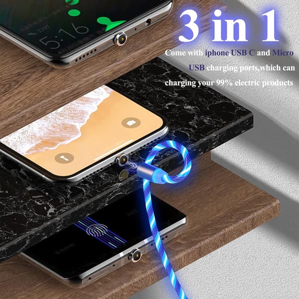 3 i 1 Magnetisk Lysende Ladekabel 360 Roterende LED Telefonoplader Multi Ladekabel