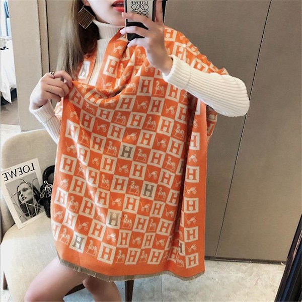 Pashmina tørklæde med H-bogstavstryk Vintertørklæde Elegant varmt omslag Fortykke tørklæde til dame