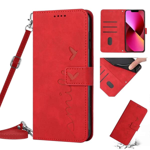 Læder telefoncover med hjerte mønster og lanyard til iPhone 14 Plus Red