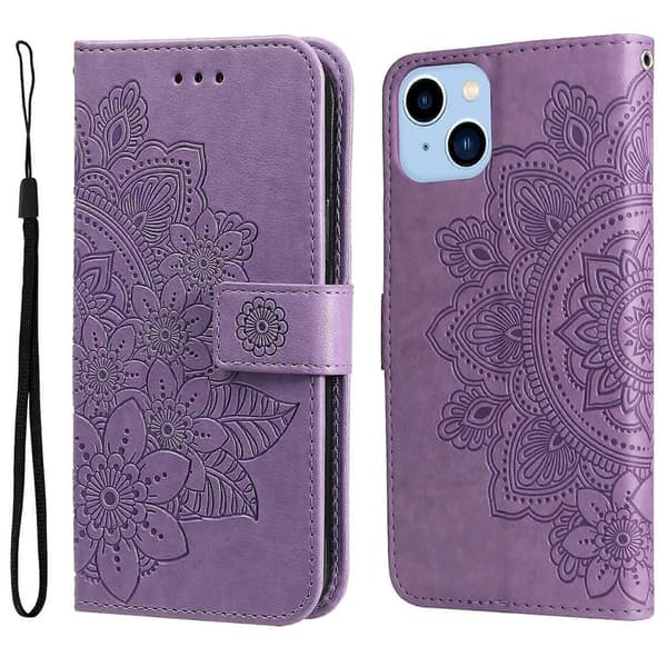 Læderetui med 7-bladede blomsterpræg til iPhone 14 Plus Light Purple