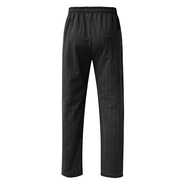 Nya Herr Vertikalrandiga Dragsko Elastisk Midja Bomull och Linne Strandbyxor Casual Byxor Black M