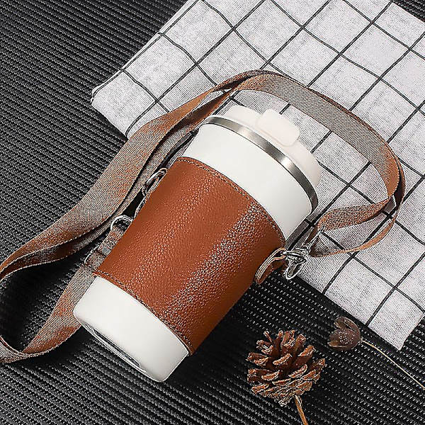 Bärbar kopphållare i PU läder, kaffekoppshållare i läder med axelremmar, återanvändbar kaffefodral i läder Light brown L
