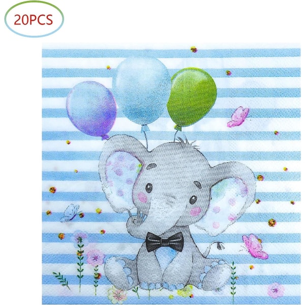 Elefant babydusj, blå elefant bursdagsfest, 20 tallerkener og 20 servietter, elefant-tema bursdagsfestdekorasjon for gutt