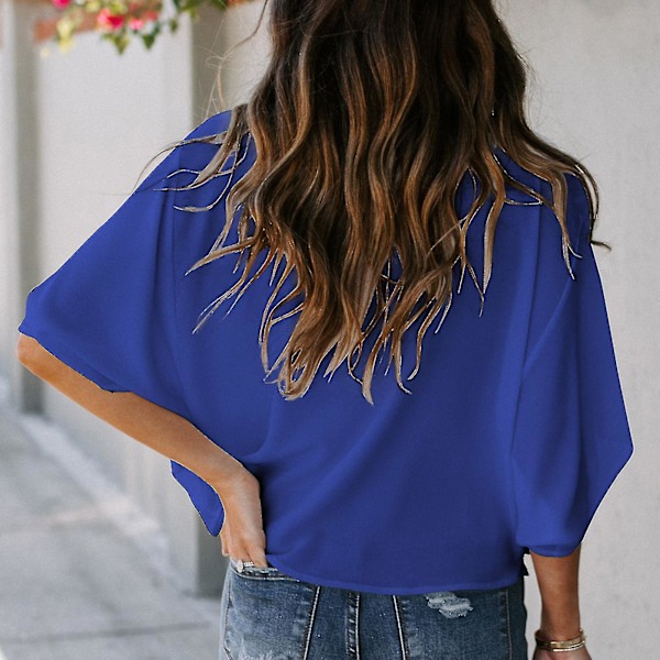 Ruched Toppar Dam V-hals Kort Batwing-ärm Lös Ren Färg Dam Casual Blus För Fest Kontor Resor Blue XL