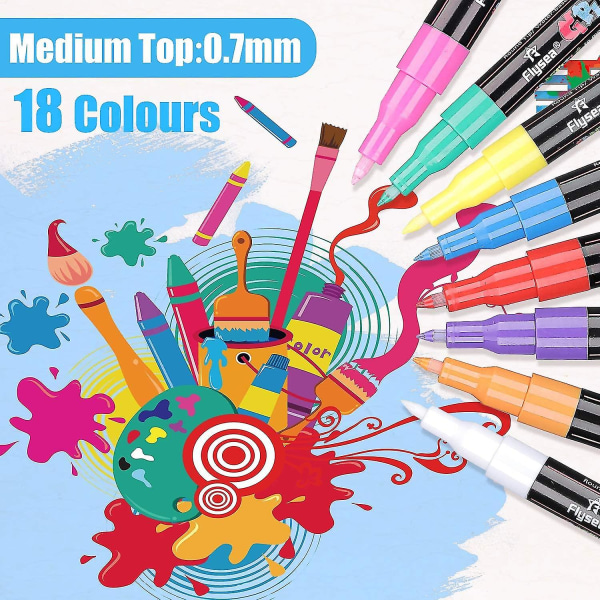 18 farger akrylmalingspenner for steinmalingsett, glass, keramikk, stein, stoff, tre - Permanent tusjpenn for kunst- og håndverksett
