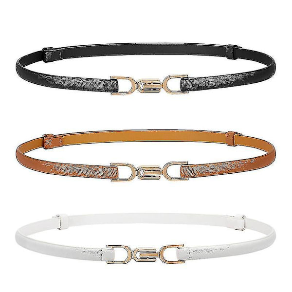 2 stk. slanke læderbælter til kvinder - tynde taljebælter til kjoler med gyldent spænde 3PC(Black Brown White)