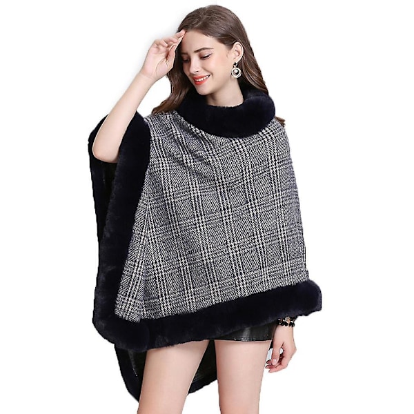 Loose Pullover Wrap Shawl With Faux Fur Trimming Plaid Blanket For Lady