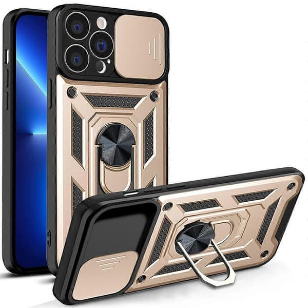 För iPhone 14 Plus Skjutbart Kameraskydd Design TPU+PC Telefonfodral Gold