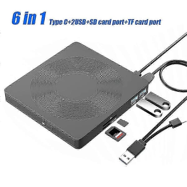 Ekstern CD DVD RW-stasjon USB C-kompatibel med bærbar PC, stasjonær PC, inkluderer SD TF-kortleser optisk stasjon