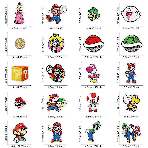 Stryge på patches, 20 stk. Mario Bros broderede applikation patches sy på stryge på patches Diy dekoration patches til tøj, jakke, sko, taske, kasket