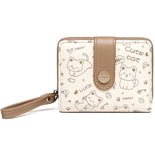 Söt Katt Läderplånbok Vikbar Blixtlås Clutch Plånbok Kawaii Tryck Myntplånbok med ID-Fönster Kortinnehavare Fodral Blixtlås