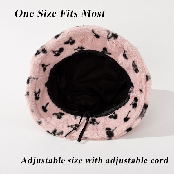 Fuzzy Bucket Hat för Kvinnor och Män - Luddig, Söt Bucket Hat för Vinter, Varm Plysch, Fiskehatt, Fluffig Sherpa, Rolig Hatt Cherries-white