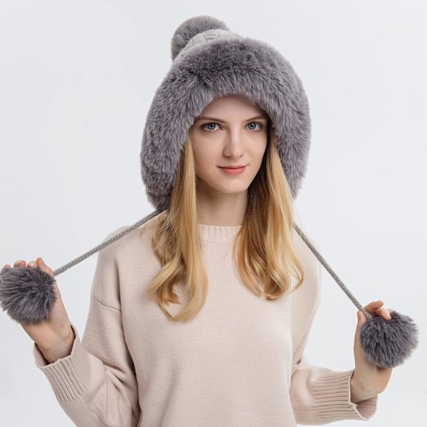 Dam vinter Peruvian öronbeklädnad Beanie Hat Öronklaffar Sherpa Skidmössa Stickad Fleecefodrad 3 Pom Grey Solid One Size
