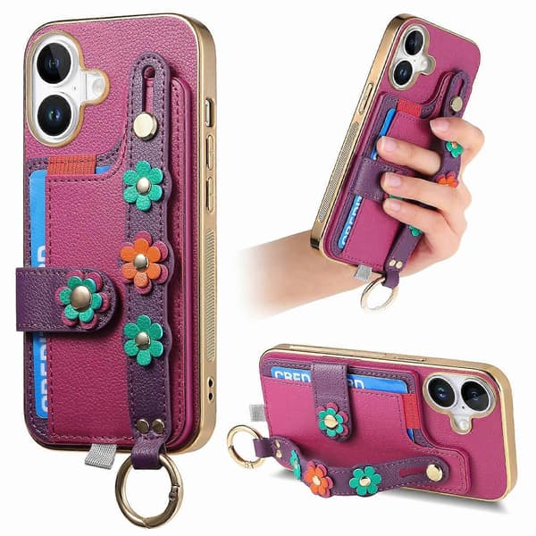 For iPhone 16 Plus Deksel Kortholder Lær Bakdeksel 3D Blomst Håndleddsstropp - Grønn Multicolor Purple