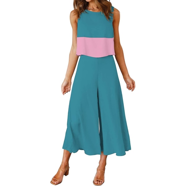 Roylamp Women's Summer 2-delade outfits Rundhalsad Crop Basic Top Beskuren Byxa Set med vida ben Jumpsuits Contrast Blue Medium