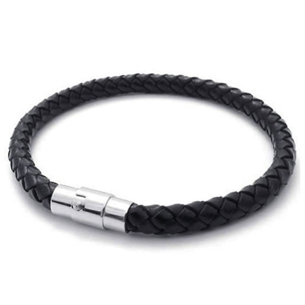 Rustfrit stål læderarmbånd, flettet læderarmbånd, til mænd, kvinder, sort - bredde 6 mm - længde Black