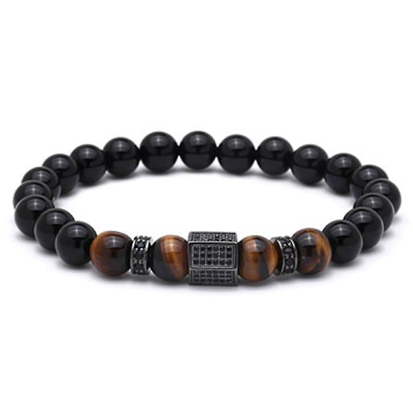 Men's bracelet with black shiny stone beads, zircons and gold-plated lucky beads Black