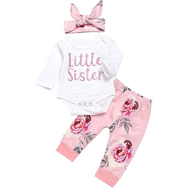 Baby Girl Kläder Set Nyfödd Outfit Lillasyster Romper Topp och Rose printed byxor och pannband 3 delar 3-6 months Pink