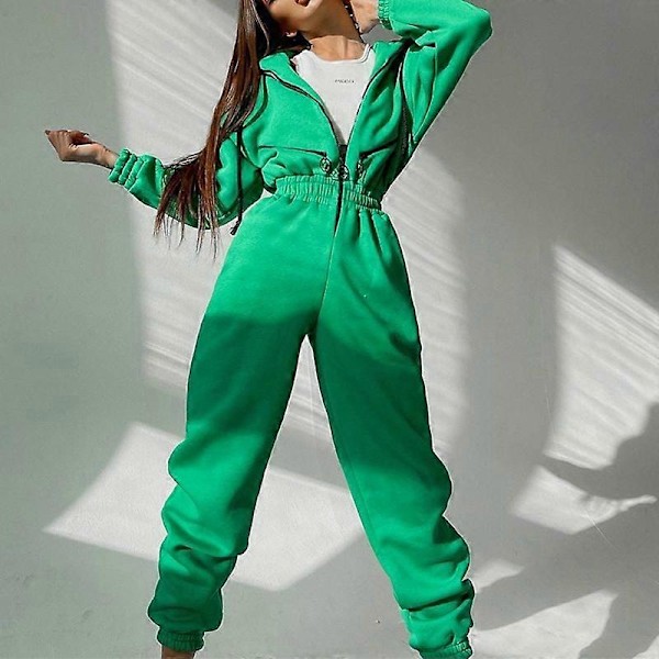 Dame Tracksuit Falsk Todelt Sæt Casual Lynlås Snøretrøje Dragt Mode Solid Løstsiddende Efterår Vinter Sweatshirt Sports Sæt GREEN M