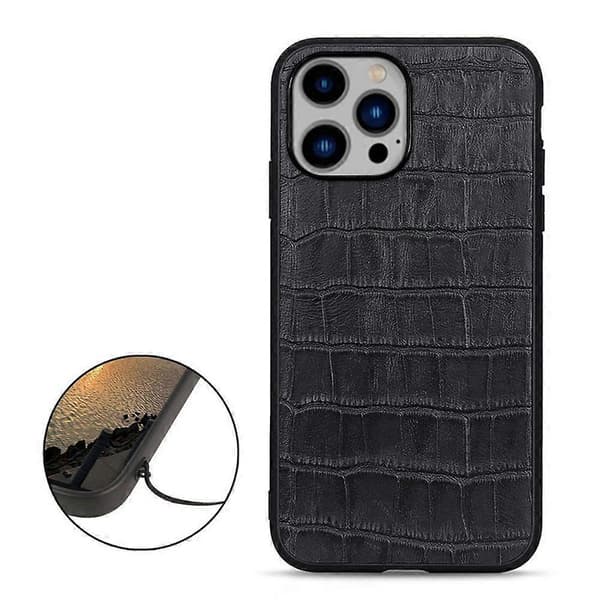 Krokodiltextur Äkta Läder Telefonfodral för iPhone 14 Plus Black