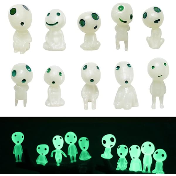 Fairy Garden Tilbehørssett med 10, Selvlysende Tree Spirits Figurer, Princess Mononoke Skogsånder Glød Statuer