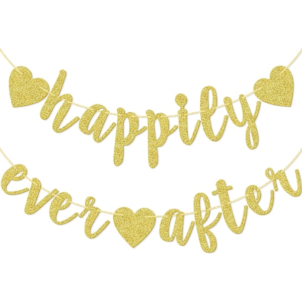 Happily Ever After -hopeaglitteri-lippukoriste, Kihlat, Morsiussuihku, Hääjuhlat, Valokuvauskoppi, Ennakkoon punottu käsin kirjoitettu lippukoriste