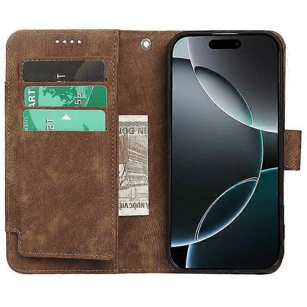 Läderfodral med linjemönster och plånboksdesign för iPhone 16 Pro med 9 kortfack Brown